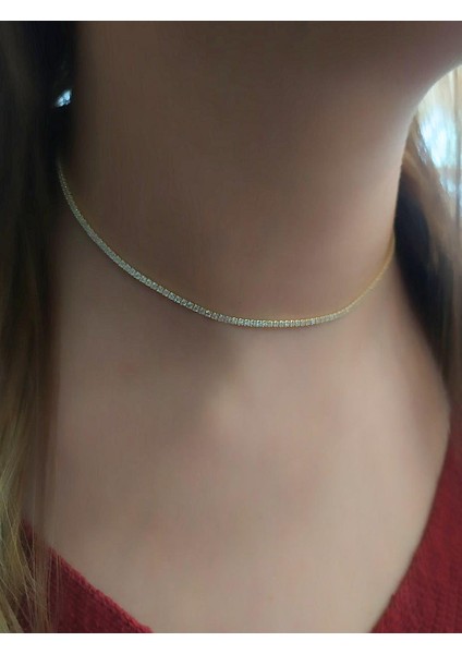 Gümüş Kısa Choker Sarı Altın Su Yolu Taşlı Kolye KO9E67