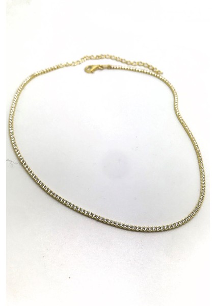 Gümüş Kısa Choker Sarı Altın Su Yolu Taşlı Kolye KO9E67