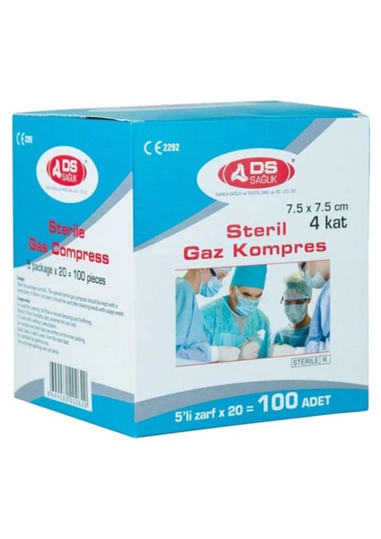 Steril Gaz Kompres 7.5 x 7.5 cm 4 Kat 5'li Zarf 100'lü