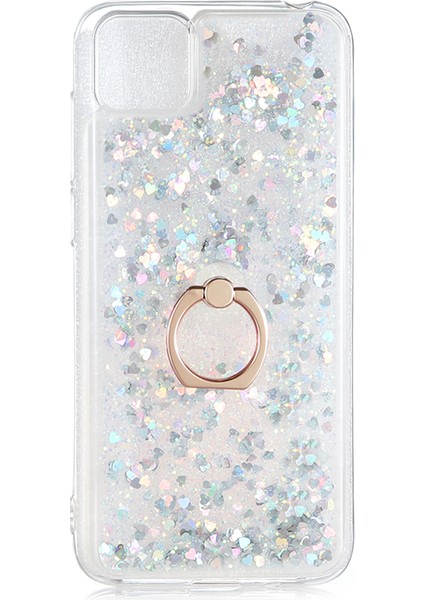 Huawei Y5P Kılıf Simli Sıvılı Kalplı Yüzüklü Milce Kapak