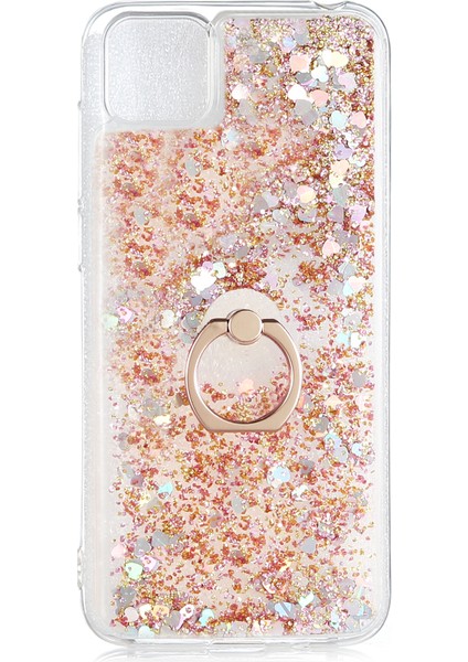 Huawei Y5P Kılıf Simli Sıvılı Kalplı Yüzüklü Milce Kapak