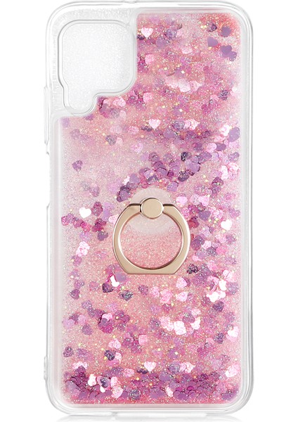 Huawei P40 Lite Kılıf Simli Sıvılı Kalplı Yüzüklü Milce Kapak