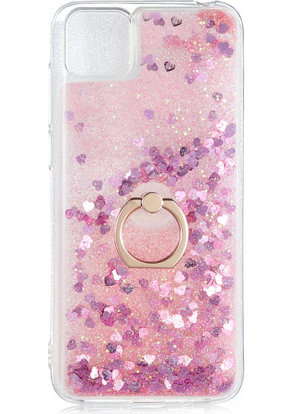 Huawei Y5P Kılıf Simli Sıvılı Kalplı Yüzüklü Milce Kapak