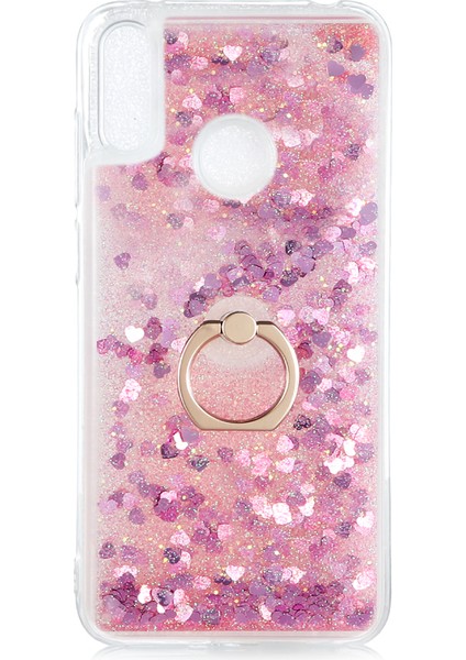 Huawei Y6 2019 Kılıf Simli Sıvılı Kalplı Yüzüklü Milce Kapak