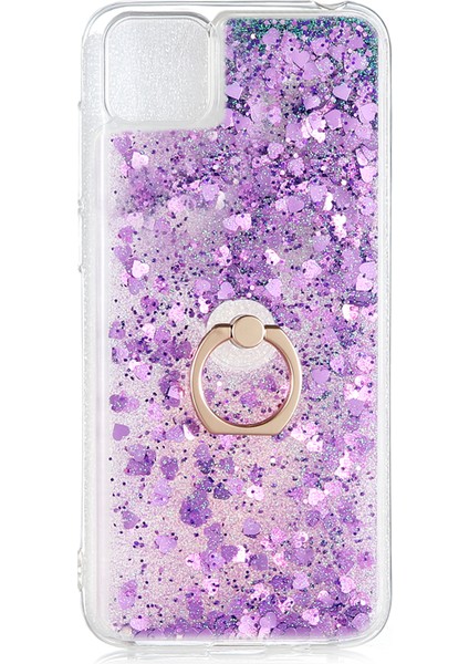 Huawei Y5P Kılıf Simli Sıvılı Kalplı Yüzüklü Milce Kapak