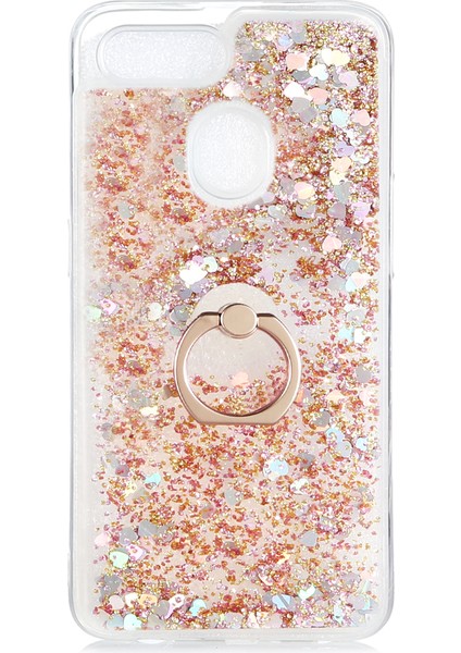 Oppo A5S Kılıf Simli Sıvılı Kalplı Yüzüklü Milce Kapak