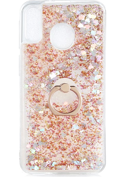 Samsung Galaxy M20 Kılıf Simli Sıvılı Kalplı Yüzüklü Milce Kapak