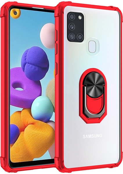 Samsung Galaxy A21S Kılıf Silikon Kenarlı Yüzüklü Manyetik Mola Kapak