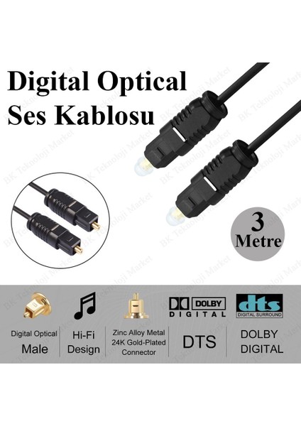 BK Teknoloji 3 Metre Digital Optik Toslink Fiber Ses Kablosu Od:2.2