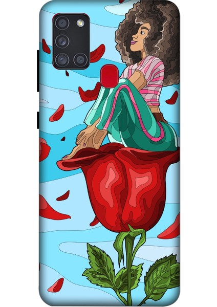 Deste Samsung Galaxy A21S Kılıf Gül ve Kız Baskılı Desenli Silikon Kılıf A++-8139
