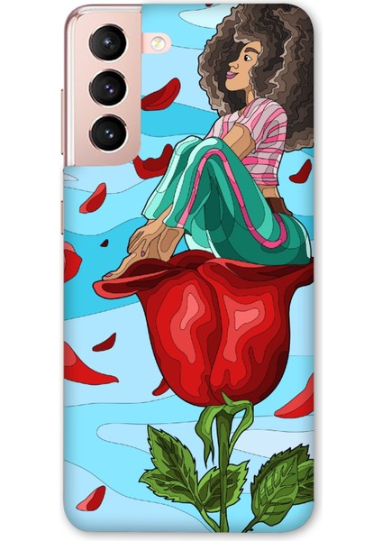 Deste Samsung Galaxy S21 Kılıf Gül ve Kız Baskılı Desenli Silikon Kılıf A++-8139