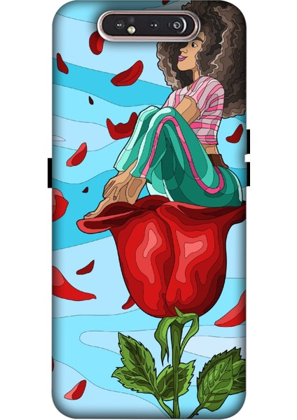 Deste Samsung Galaxy A80 Kılıf Gül ve Kız Baskılı Desenli Silikon Kılıf A++-8139