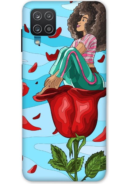 Deste Samsung Galaxy A12 Kılıf Gül ve Kız Baskılı Desenli Silikon Kılıf A++-8139