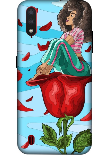 Deste Samsung Galaxy A01 Kılıf Gül ve Kız Baskılı Desenli Silikon Kılıf A++-8139