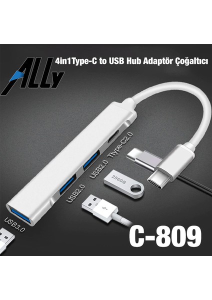 4'lü Type-C To USB C-809 Çevirici Çoğaltıcı Hub Adaptör Dönüştürücü