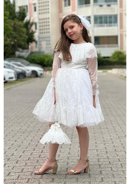 Dantelli Çantalı Kız Çocuk Tarz Abiye Elbise