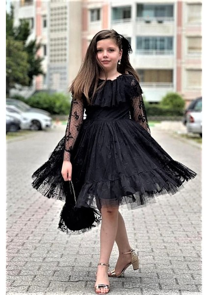 Dantelli Çantalı Kız Çocuk Tarz Abiye Elbise