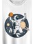 Uzayda Satürn Gezegeni Yanında Basketbol Oynayan Astronot Baskılı Tişört T-Shirt Beyaz 2