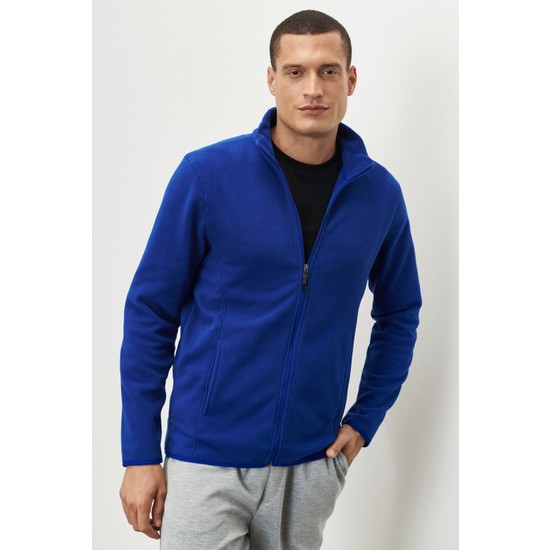 AC&Co / Altınyıldız Classics Erkek Saks Mavi Anti-Pilling Tüylenme Yapmayan Standart Fit Bato Yaka Sweatshirt Polar Ceket