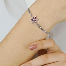 925 Gümüş Kırmızı Lotus Çiçeği Tasarımlı 925 Ayar Gümüş Kadın Bileklik