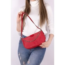 Power Speed  Kadın Kırmızı Saten Baget Zincir Detaylı Şık Çanta TBC114