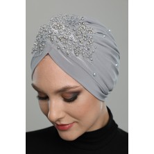 ELYSIANfidan Kopma Motifli Astarlı Işlemeli Açık Gri Dantelli Hazır Türban Tesettür Abiye Bone