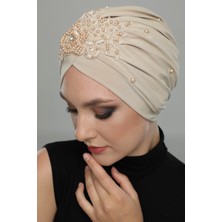 ELYSIANfidan Kopma Astarlı Işlemeli Bej Gül Motifli Hazır Türban Tesettür Abiye Bone