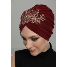 ELYSIANfidan Kopma Astarlı Işlemeli Bordo Sırma Motifli Hazır Türban Tesettür Abiye Bone