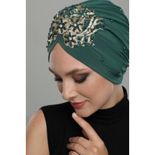 ELYSIANfidan Kopma Astarlı Işlemeli Yeşil Sırma Motifli Hazır Türban Tesettür Abiye Bone