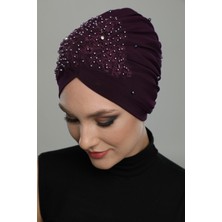 ELYSIANfidan Kopma Astarlı Işlemeli Mor Dantel Motifli Hazır Türban Tesettür Abiye Bone