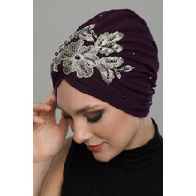 ELYSIANfidan Kopma Astarlı Işlemeli Mor Sırma Motifli Hazır Türban Tesettür Abiye Bone