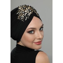 ELYSIANfidan Kopma Astarlı Işlemeli Siyah Geniş Sırma Motifli Hazır Türban Tesettür Abiye Bone