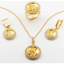 925 Gümüş Altın Kaplama 925 Ayar Gümüş Zirkon Taşlı Osmanlı Tuğrası Bayan Set