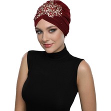 ELYSIANfidan Kopma Astarlı Işlemeli Bordo Geniş Sırma Motifli Hazır Türban Tesettür Abiye Bone