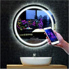 Dnr-Mirror90 Cm Bluetoothlu Buğu Yapmayan Dokunmatik Tuşlu Kumlamalı Beyaz Ledli Yuvarlak Banyo Aynası