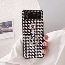 Qichengda Samsung Galaxy Z Flip 4 Houndstooth Dıy Kamelya Çiçek Parmak Yüzük Koruma Cep Telefonu Kılıfı Kapağı (Yurt Dışından)