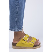 Manijero Selina Kadın Deri Çift Tokalı Sarı - Gold Terlik