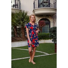 Doreanse Kadın Lacivert Patlı Kemerli Gecelik Dokuma Pijama Takımı 4091