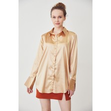 Lime Moda Oversize Saten Gömlek-Camel