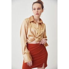 Lime Moda Oversize Saten Gömlek-Camel