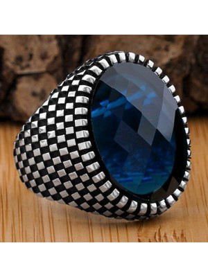 925 Gümüş Mavi Zirkon Taşlı Desenli 925 Ayar Gümüş Yüzük