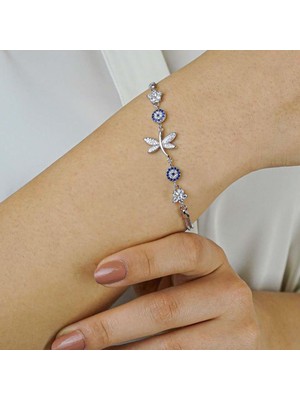 925 Gümüş Yusufcuk Tasarımlı Çiçek Nazar Detaylı 925 Ayar Gümüş Kadın Bileklik