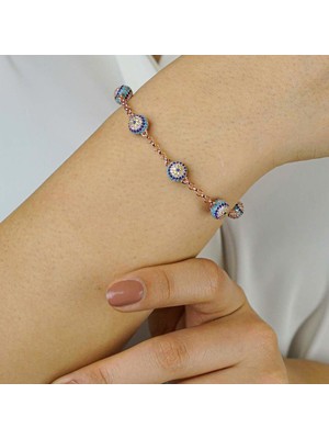 925 Gümüş Nazar Boncuğu Tasarımlı Rose Renk 925 Ayar Gümüş Kadın Bileklik