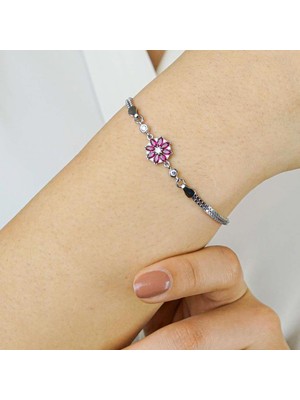 925 Gümüş Kırmızı Çiçek Tasarımlı 925 Ayar Gümüş Kadın Bileklik