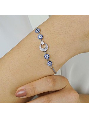 925 Gümüş Ay Yıldız Nazar Tasarımlı 925 Ayar Gümüş Kadın Bileklik