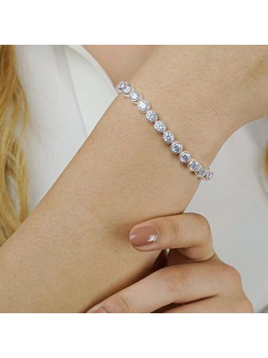 925 Gümüş Pırlanta Montürlü Yuvarlak 925 Ayar Gümüş Su Yolu Bileklik 6mm