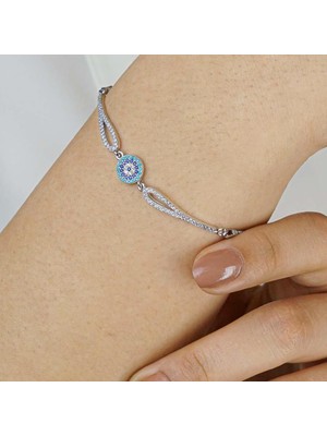 925 Gümüş Minimal Nazar Tasarımlı 4 Sıralı Kelepçe Model 925 Ayar Gümüş Kadın Bileklik
