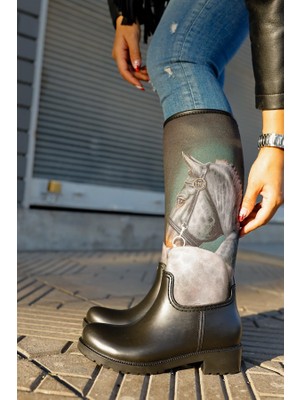 Sea & Blue Shoes Kadın Yağmur Çizmesi Siyah Su Geçirmez Klasik Tasarım At Baskılı