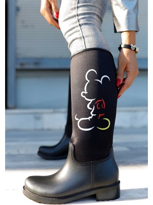 Sea & Blue Shoes Kadın Yağmur Çizmesi Mickey Mouse Baskılı Klasik Siyah Su Geçirmez Malzeme