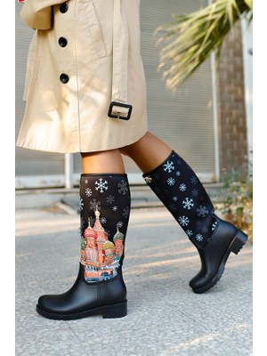 Sea & Blue Shoes Kadın Kış Baskılı Yağmur Çizmesi Siyah PVC Malzeme ile Şık Tasarım